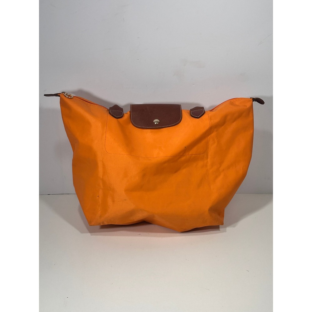 Longchamp Le Pliage Large Tote Bag Orange Nylon Brown Leather Trim Shoulder Bag